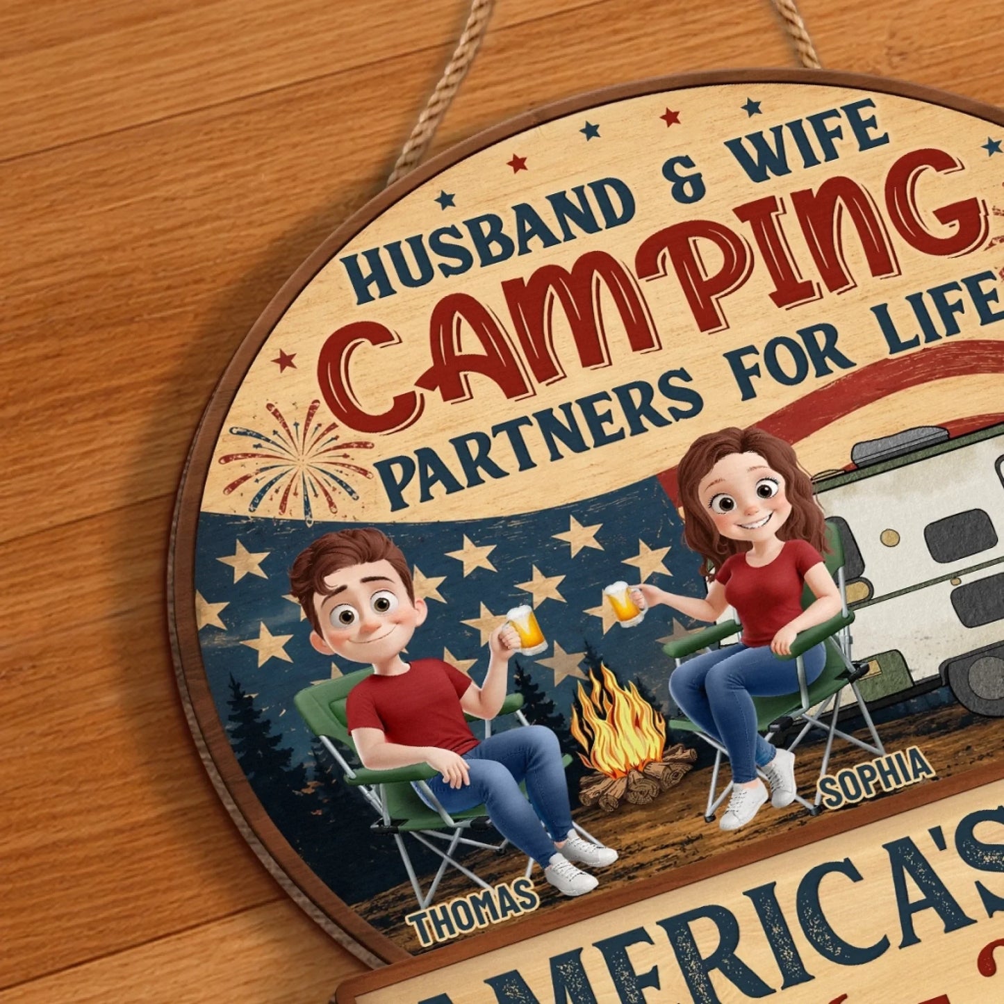 Custom Wood Sign - Personalized America 250th Anniversary, Camping Gifts For Campers, Husband And Wife, Him And Her - Our Happy Camping Place