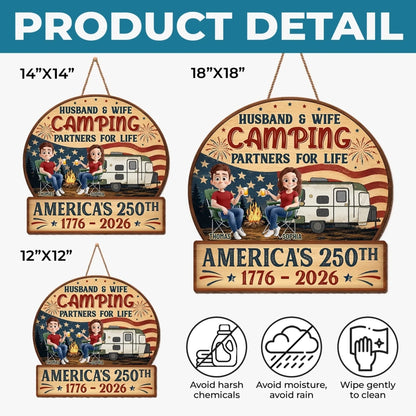 Custom Wood Sign - Personalized America 250th Anniversary, Camping Gifts For Campers, Husband And Wife, Him And Her - Our Happy Camping Place