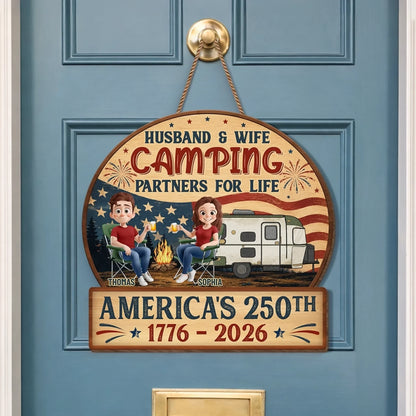 Custom Wood Sign - Personalized America 250th Anniversary, Camping Gifts For Campers, Husband And Wife, Him And Her - Our Happy Camping Place