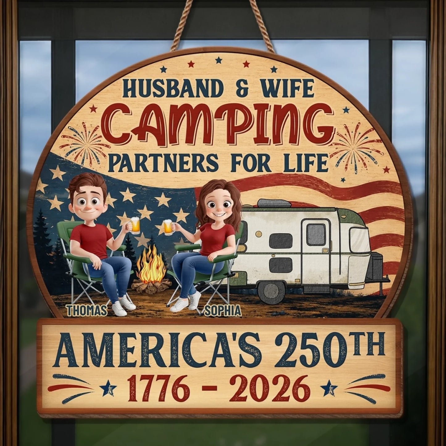 Custom Wood Sign - Personalized America 250th Anniversary, Camping Gifts For Campers, Husband And Wife, Him And Her - Our Happy Camping Place