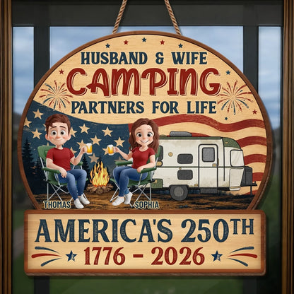 Custom Wood Sign - Personalized America 250th Anniversary, Camping Gifts For Campers, Husband And Wife, Him And Her - Our Happy Camping Place