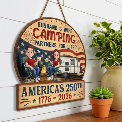 Custom Wood Sign - Personalized America 250th Anniversary, Camping Gifts For Campers, Husband And Wife, Him And Her - Our Happy Camping Place